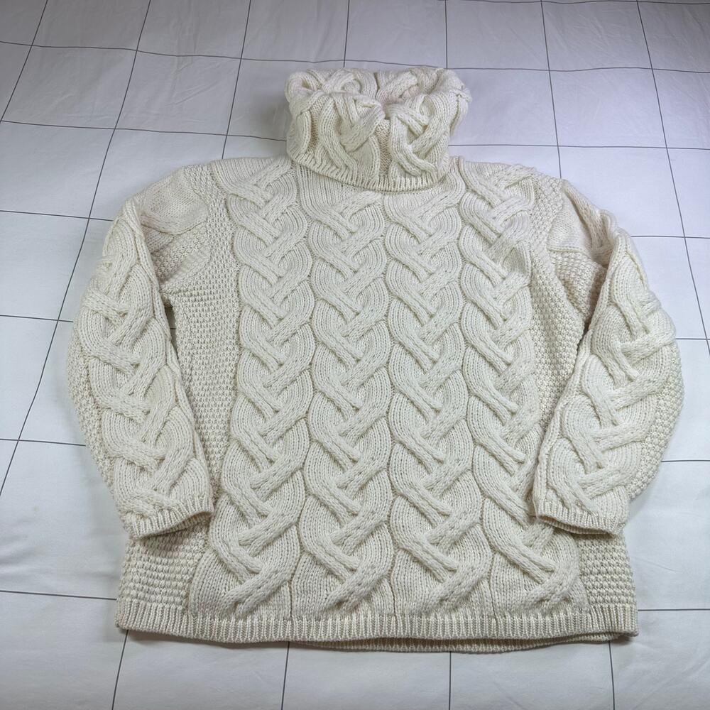 Aran Woollen Mills Sweater Womens Medium Cream Chunky Merino Wool Turtleneck - Picture 2 of 7